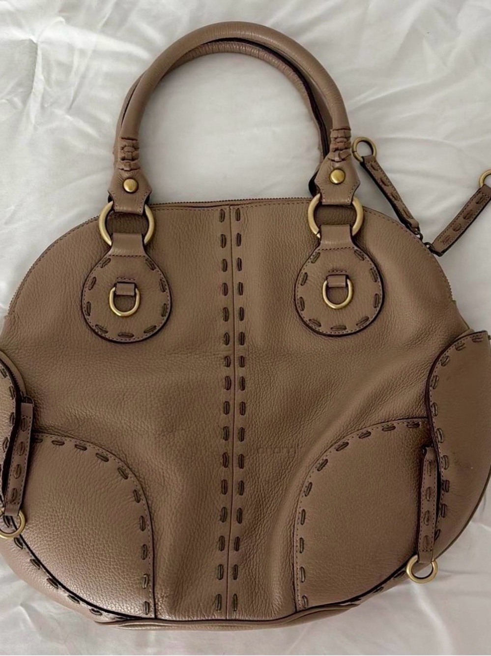 CROMIA Taupe Round Leather Shoulder Bag